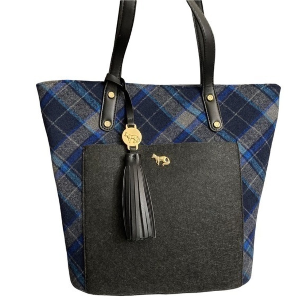 Emma fox wool blue black plaid tote bag